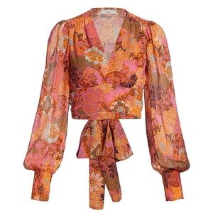 A.L.C. Samara Silk Cropped Wrap Top in Pink/Orange Multi.
